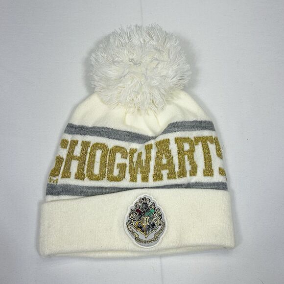 Hogwarts Harry Potter Pompom Ivory Gold Beanie Hat Youth OSFM NWT - Picture 2 of 6